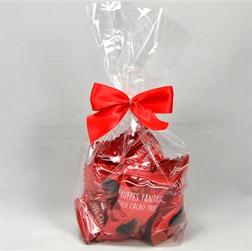 Sjokoladetrøfler i pose med rød sløyfe - karamell