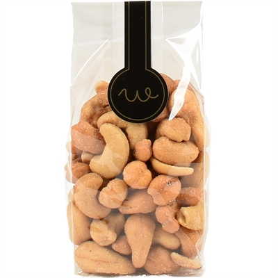 Saltristede cashewnøtter i pose med lang etikett